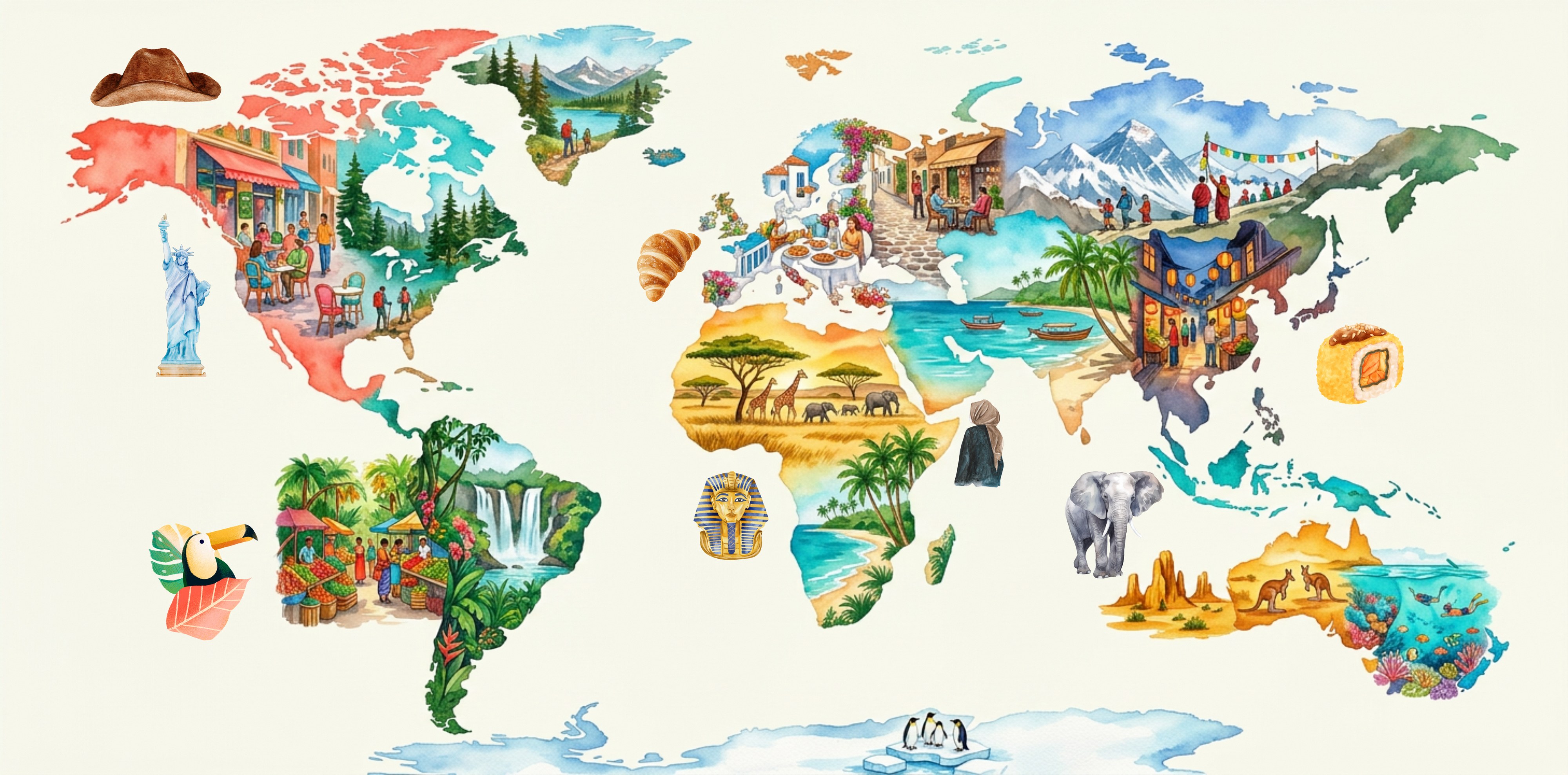 An illustrated world map — lives being built everywhere